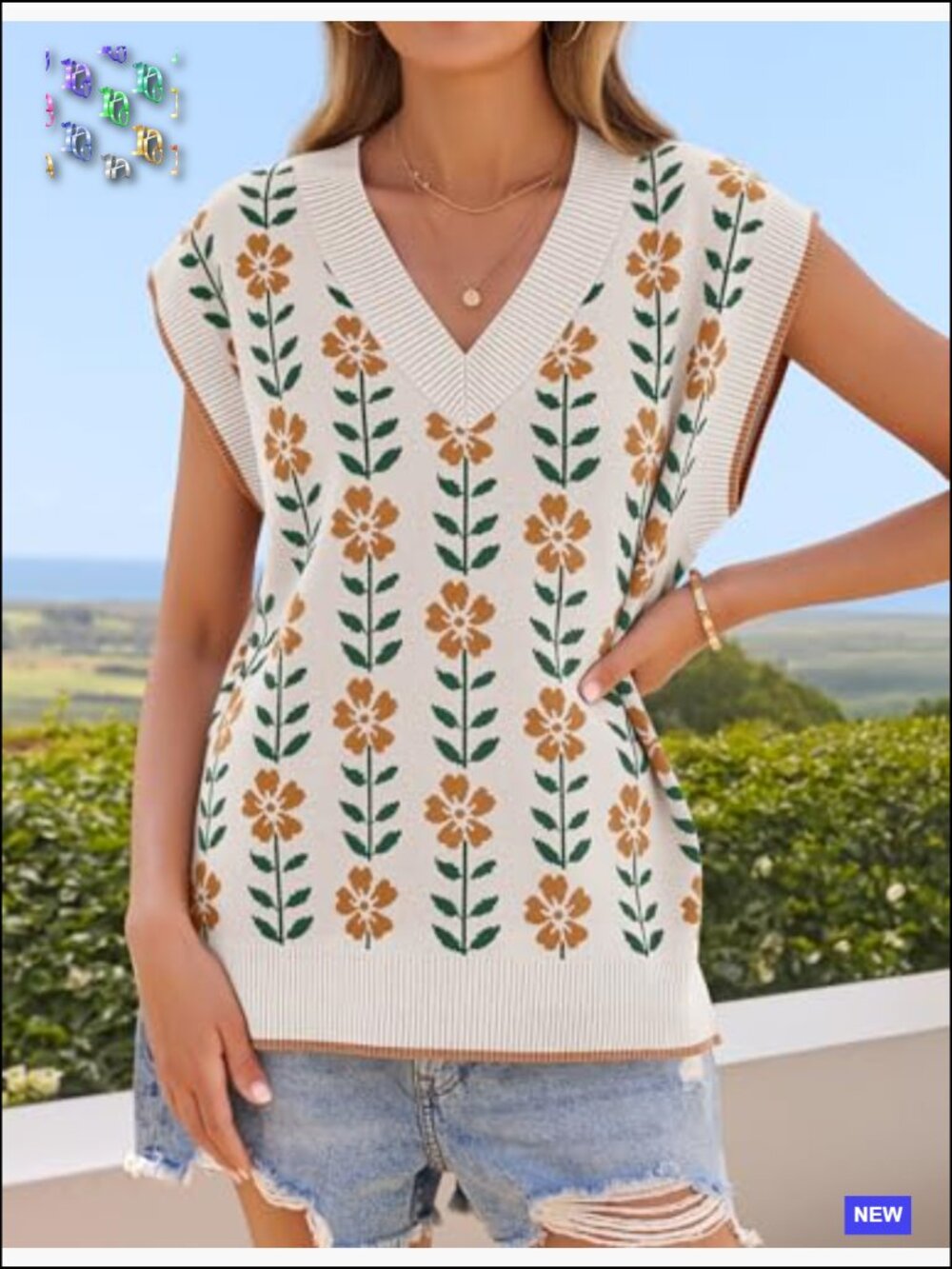 Floral V Neck Sleeveless Sweater Vest Oversized Loose Knit Tank Tops Casual - Picture 3 of 7
